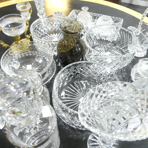 72 - A quantity of shaped and cut clear Glass, including fluted vases, bowls, decanters etc, approx twent... 