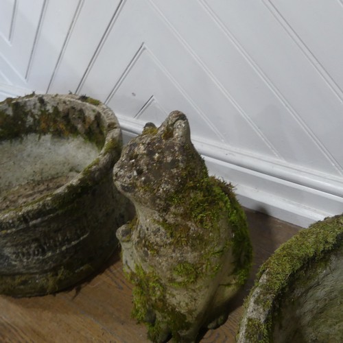 406 - A lot of five weathered reconstituted stone planters, shaped and carved to look like wooden barrels,... 