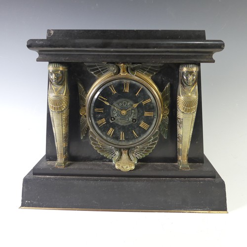 234 - A late Victorian, Egyptian revival black slate and gilt metal Mantel Clock, W 36 cm x H 30.5 cm x D ... 