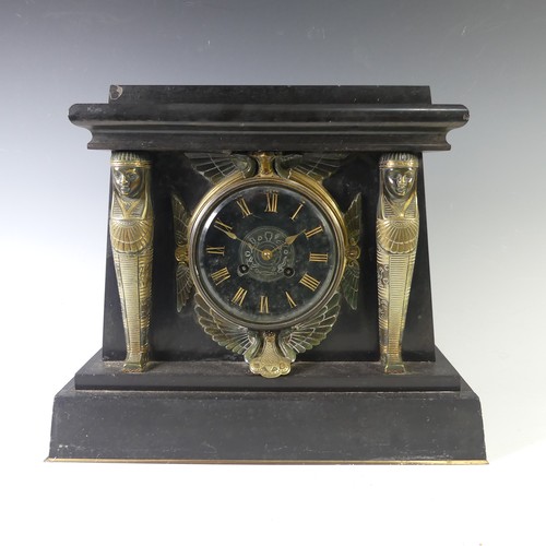 234 - A late Victorian, Egyptian revival black slate and gilt metal Mantel Clock, W 36 cm x H 30.5 cm x D ... 