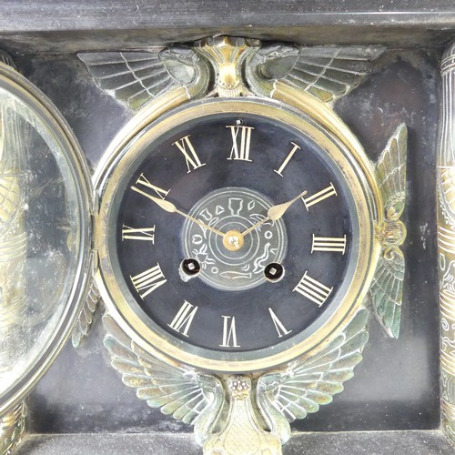 234 - A late Victorian, Egyptian revival black slate and gilt metal Mantel Clock, W 36 cm x H 30.5 cm x D ... 