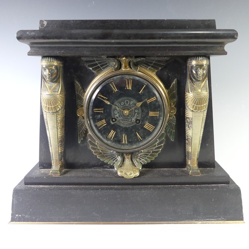 234 - A late Victorian, Egyptian revival black slate and gilt metal Mantel Clock, W 36 cm x H 30.5 cm x D ... 