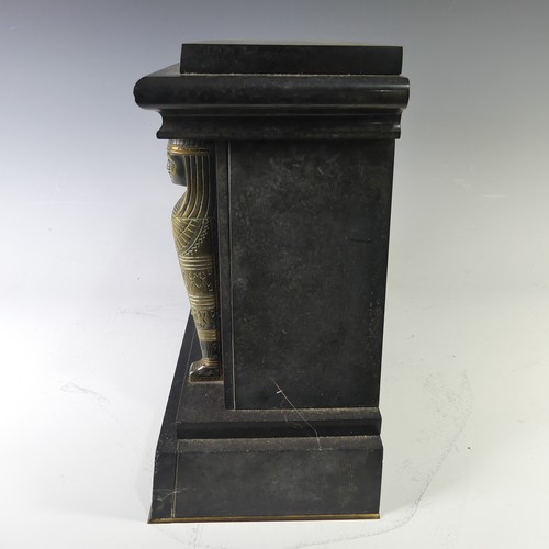 234 - A late Victorian, Egyptian revival black slate and gilt metal Mantel Clock, W 36 cm x H 30.5 cm x D ... 