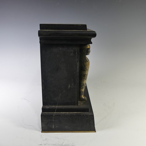 234 - A late Victorian, Egyptian revival black slate and gilt metal Mantel Clock, W 36 cm x H 30.5 cm x D ... 