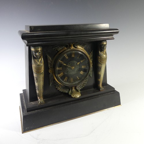 234 - A late Victorian, Egyptian revival black slate and gilt metal Mantel Clock, W 36 cm x H 30.5 cm x D ... 