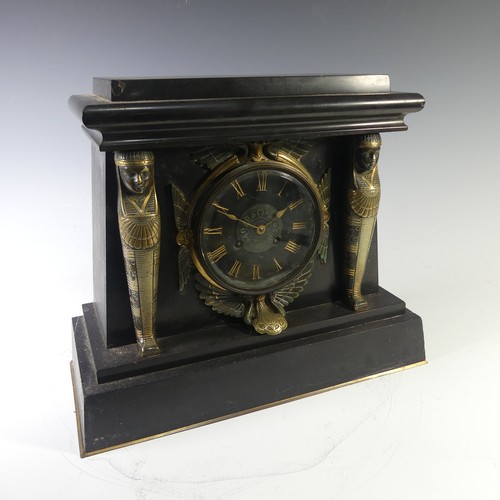 234 - A late Victorian, Egyptian revival black slate and gilt metal Mantel Clock, W 36 cm x H 30.5 cm x D ... 