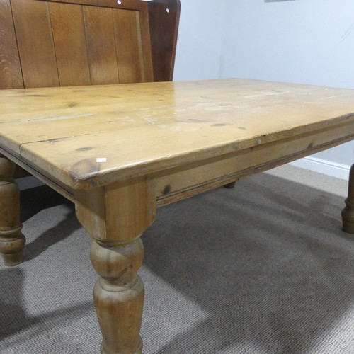 387 - A wide vintage pine farmhouse Kitchen Table, raised on baluster turned legs, W 183 cm x H 75.5 cm x ... 