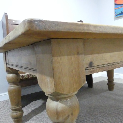 387 - A wide vintage pine farmhouse Kitchen Table, raised on baluster turned legs, W 183 cm x H 75.5 cm x ... 