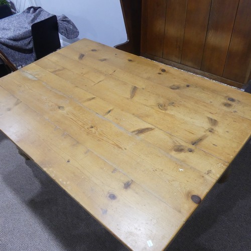 387 - A wide vintage pine farmhouse Kitchen Table, raised on baluster turned legs, W 183 cm x H 75.5 cm x ... 