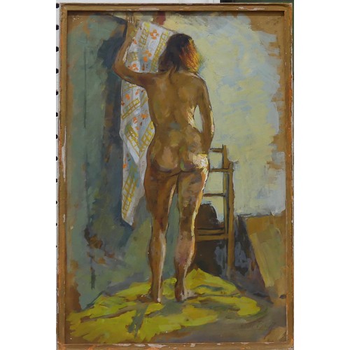 193 - Quentin Bell (British 1910-1996) Nude with towel, oil on board, signed lower right, dated 1973 verso... 