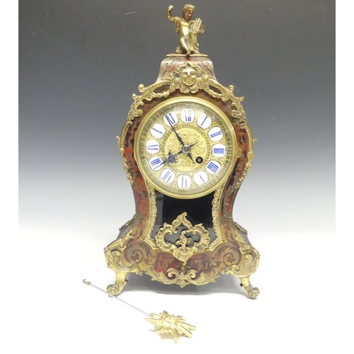 220 - A late 19th century French Boulle work Mantel Clock, the elaborate case with tortoiseshell veneer, b... 