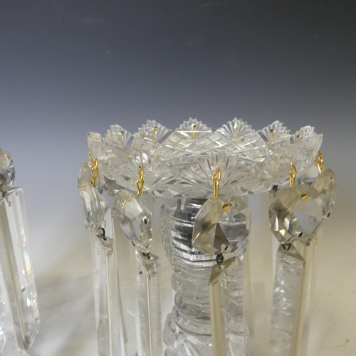 45 - A pair of early 19thC hand cut clear crystal glass Lustres, each with twelve faceted droppers, raise... 