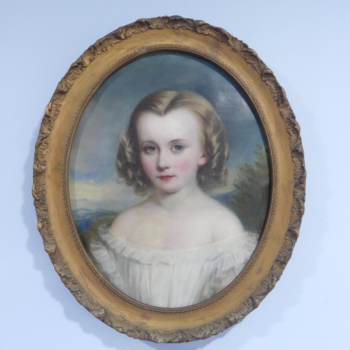 201 - Early 19th century School, Portrait of young girl, head and shoulders, oval, oil on canvas, 55cm x 4... 