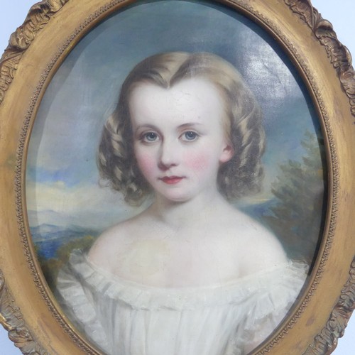 201 - Early 19th century School, Portrait of young girl, head and shoulders, oval, oil on canvas, 55cm x 4... 