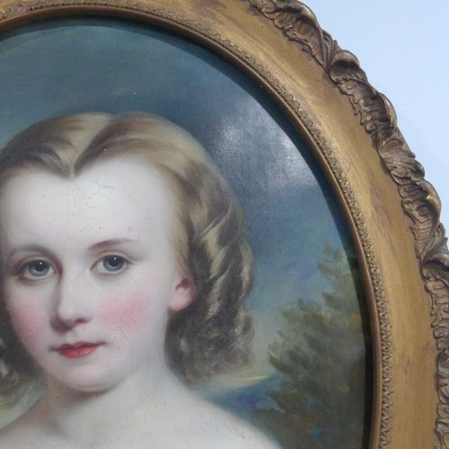 201 - Early 19th century School, Portrait of young girl, head and shoulders, oval, oil on canvas, 55cm x 4... 