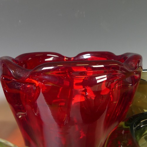 32 - A large Whitefriars glass lobed Fruit Bowl, in ruby red colour, together with large ruby red lobed V... 