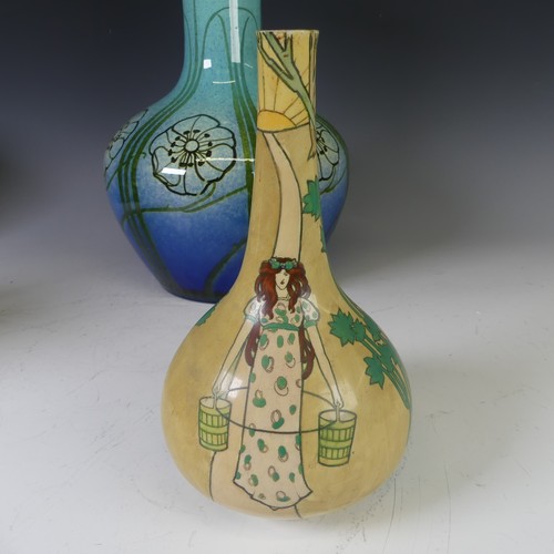 75 - A Spencer Edge pottery art nouveau Bottle Vase, depicting a lady carrying buckets of water, with mar... 