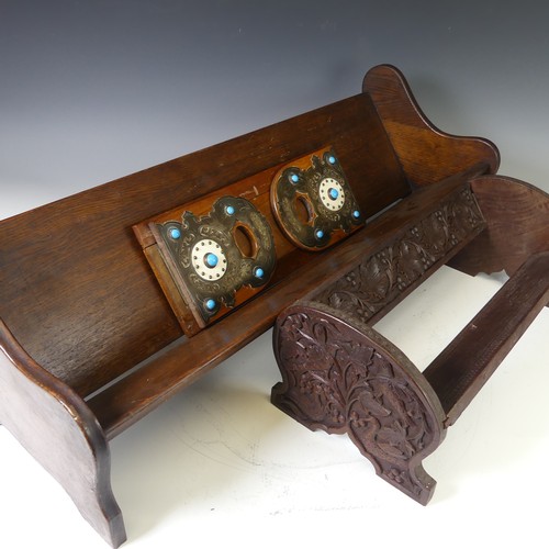 266 - A mahogany Arts and crafts adjustable book rack decorated with brass, 'turquoise' beads and ivorine,... 