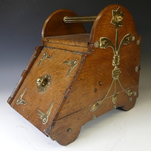 386 - A late 19th/early 20thC oak Coal Box, the whole overlaid with  brass in Aesthetic Movement style , t... 