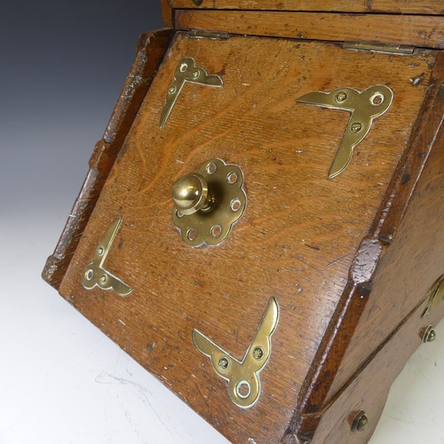 386 - A late 19th/early 20thC oak Coal Box, the whole overlaid with  brass in Aesthetic Movement style , t... 