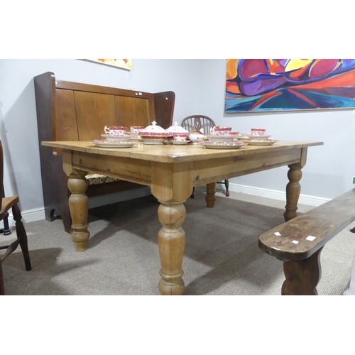 387 - A wide vintage pine farmhouse Kitchen Table, raised on baluster turned legs, W 183 cm x H 75.5 cm x ... 