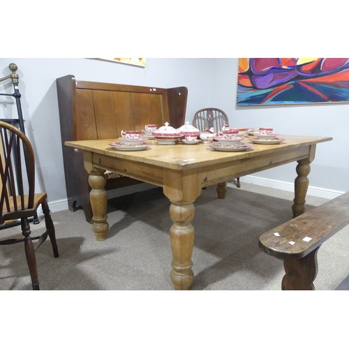 387 - A wide vintage pine farmhouse Kitchen Table, raised on baluster turned legs, W 183 cm x H 75.5 cm x ... 