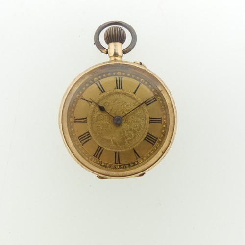 A Continental 14k yellow gold Fob Watch, with scrolling foliate decoration, gilt dial with Roman Numerals, gilt metal inner back cover, manual winder and suspension ring, 32mm diameter.