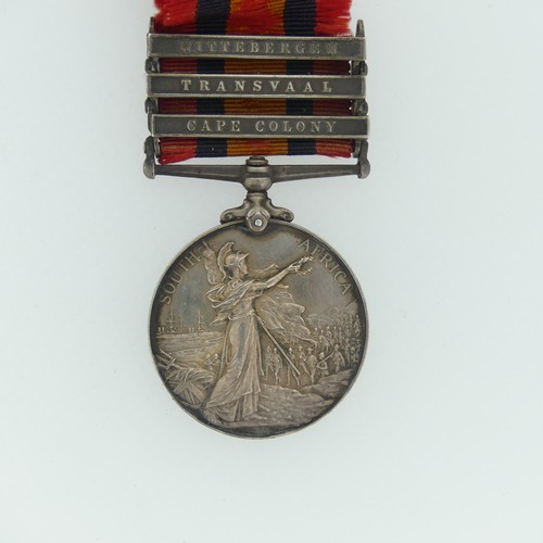 102 - A Queen's South Africa medal, three clasps, Cape Colony, Transvaal and Wittebergen, awarded to Pte. ... 