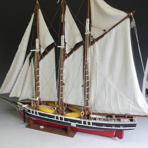 434 - A vintage wooden model three-mast Schooner sailing ship, complete with sails, jibboom, 4 life boats,... 