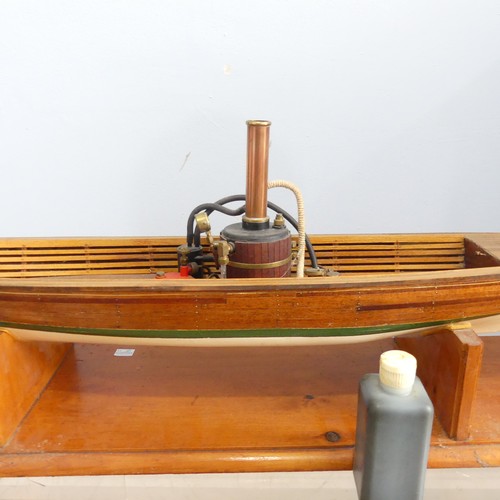 433 - A vintage live steam scratch built wooden model Steam Launch, exposed wooden deck and hull, undersid... 