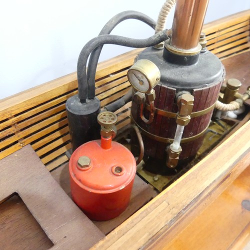 433 - A vintage live steam scratch built wooden model Steam Launch, exposed wooden deck and hull, undersid... 