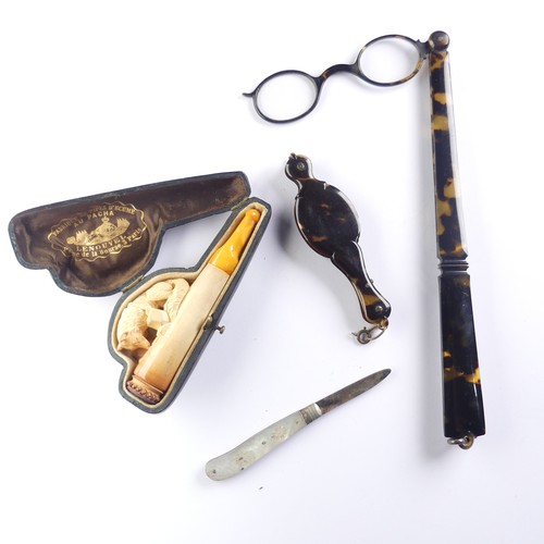 451 - A cased amber mounted Meerschaum Pipe, depicting a fox, together with a pair of tortoiseshell lorgne... 