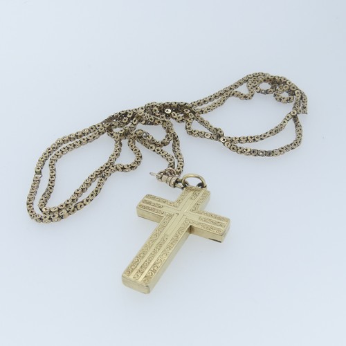 458 - A late 19thC gold plated Cross Pendant, with foliate engraved deocration, 6cm long, suspended from a... 