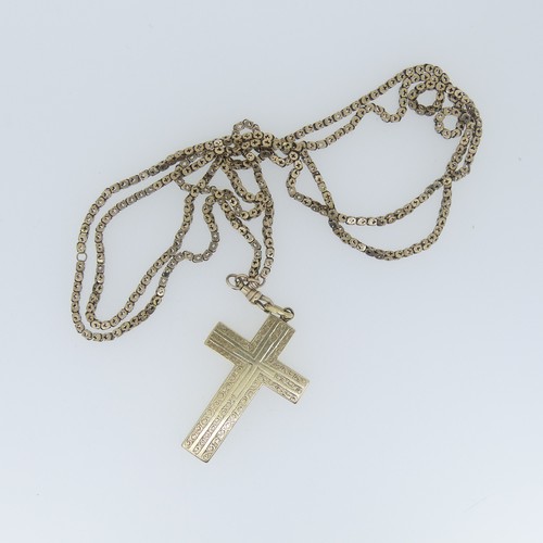 458 - A late 19thC gold plated Cross Pendant, with foliate engraved deocration, 6cm long, suspended from a... 