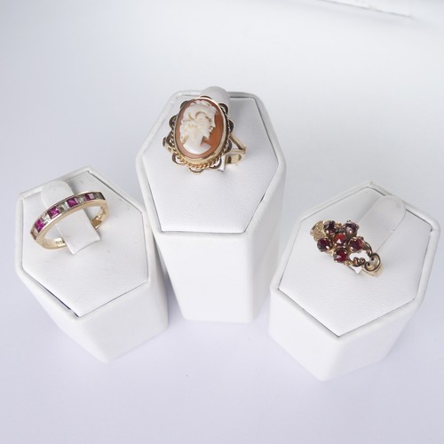 280 - A 9ct gold shell cameo Ring, Size O, together with a garnet cluster ring, Size P and a red and white... 