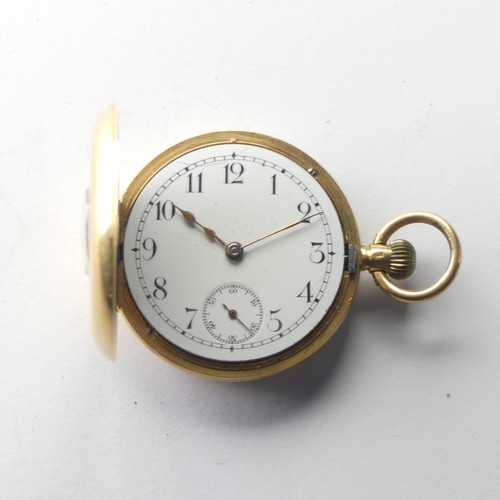 224 - An 18ct yellow gold half hunter Fob Watch, the white enamel dial with Arabic Numerals and subsidiary... 