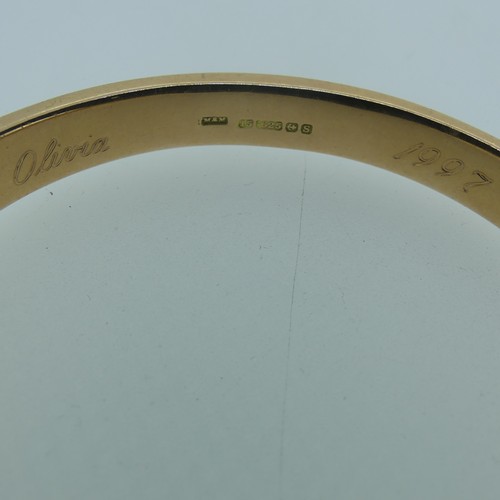 399 - A 9ct rose gold hollow hinged Bangle, interior with presentation inscriptions, 14.5g.... 