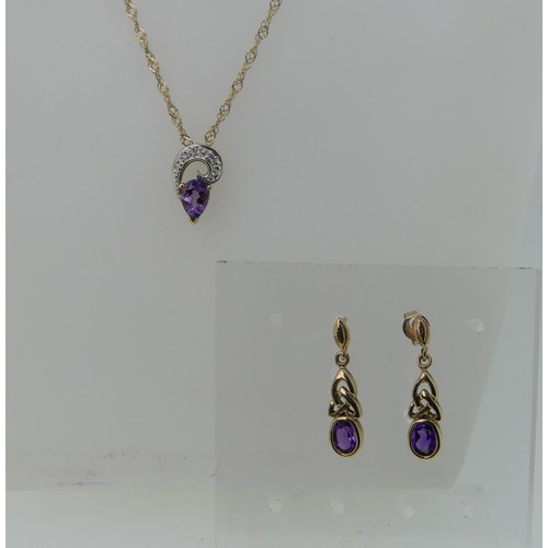 479 - A small 9ct gold amethyst Pendant, on 9ct gold trace chain, together with a pair of 9ct gold mounted... 