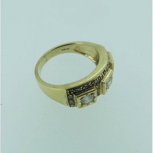 298 - A three stone white paste Ring, in squared 9ct gold mount, set small diamond points, Size N, 4.7g.... 