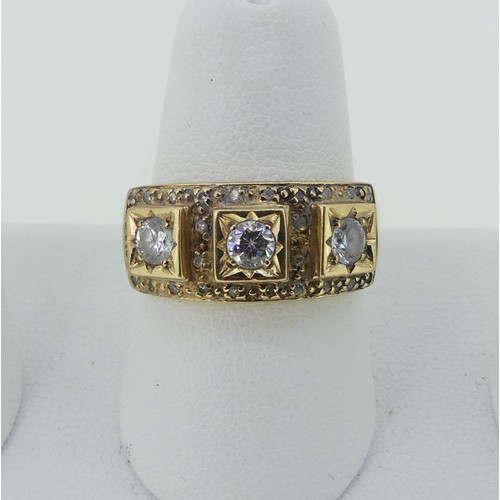 298 - A three stone white paste Ring, in squared 9ct gold mount, set small diamond points, Size N, 4.7g.... 