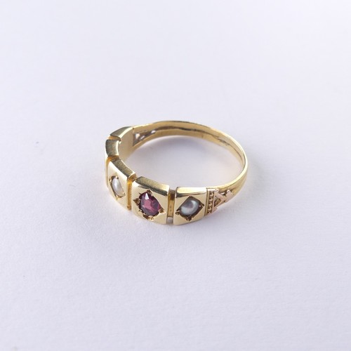 303 - An antique style seed pearl and garnet five stone Ring, unmarked, tests as 14/15ct, Size N, 3.3g.... 