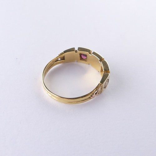 303 - An antique style seed pearl and garnet five stone Ring, unmarked, tests as 14/15ct, Size N, 3.3g.... 