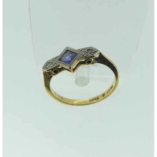 308 - An Art Deco sapphire and diamond Ring, the central square sapphire, 4.7mm wide, with a diamond point... 