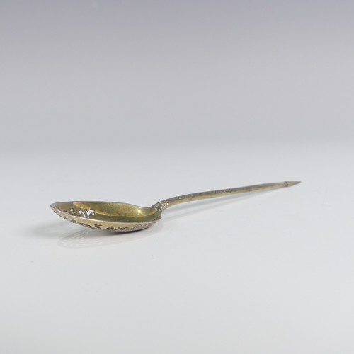 97 - A mid 18thC silver gilt picture back Mote Spoon, makers mark stamped twice only, probably Elizabeth ... 