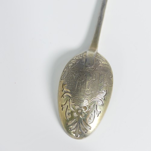 97 - A mid 18thC silver gilt picture back Mote Spoon, makers mark stamped twice only, probably Elizabeth ... 