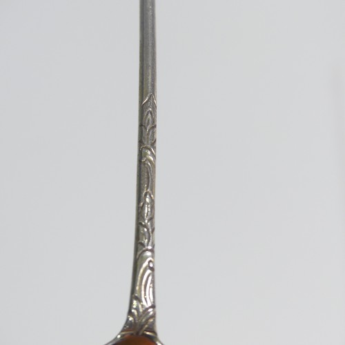 97 - A mid 18thC silver gilt picture back Mote Spoon, makers mark stamped twice only, probably Elizabeth ... 