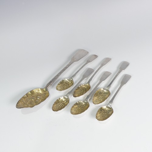 104 - A matched set of six George III silver fiddle pattern Teaspoons, with later gilded 'berry' bowls and... 