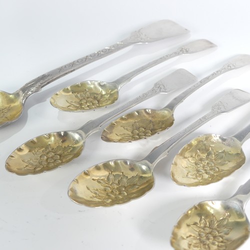 104 - A matched set of six George III silver fiddle pattern Teaspoons, with later gilded 'berry' bowls and... 