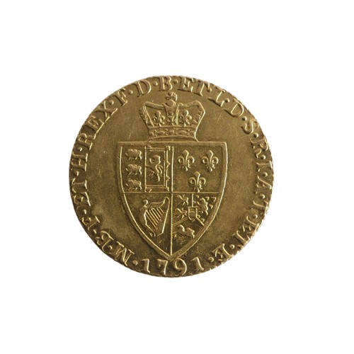 607 - A George III gold Guinea, dated 1791, with spade shaped shield reverse.Provenance; The Jeffery Willi... 