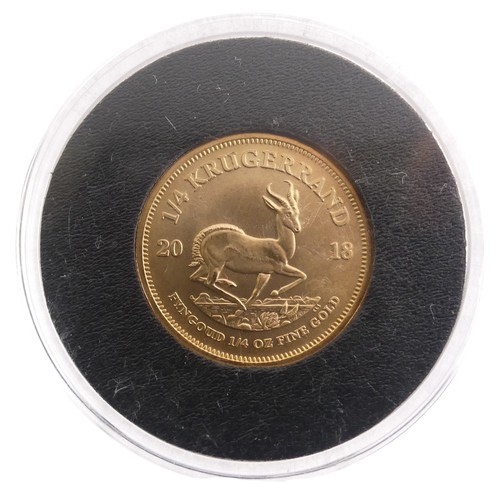 617 - A South African gold Quarter (1/4) Krugerrand, dated 2018, in perspex case.Provenance; The Jeffery W... 